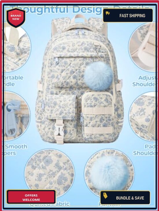 Quilted Cotton Backpack for Teen Girls, Floral School Bookbag, Fits 15.6\